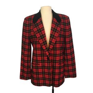 Joan Leslie Vintage Womens‎ Red Plaid Wool Blazer, Velvet Collar, sz 10, 40 bust